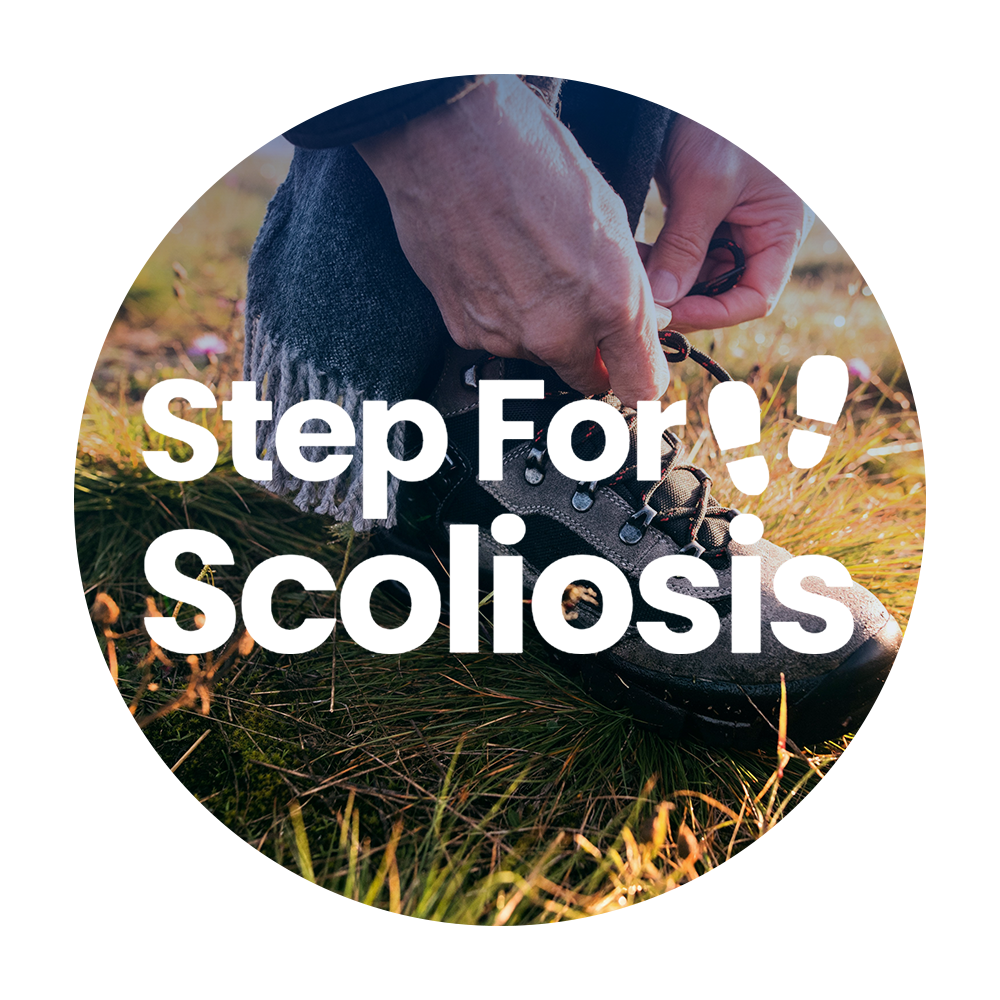 Person tying their shoelace, preparing for a walk, with the 'Step for Scoliosis' logo overlaid, symbolizing readiness and support for scoliosis awareness.